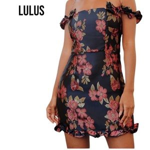 NWT Lulus POP THE BOTTLE NAVY BLUE FLORAL JACQUARD RUFFLED MINI DRESS Small